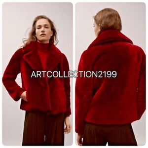 Camila Coelho Faux Fur Red Waist Coat Jacket w/ Collar & Plaid Interior Lining